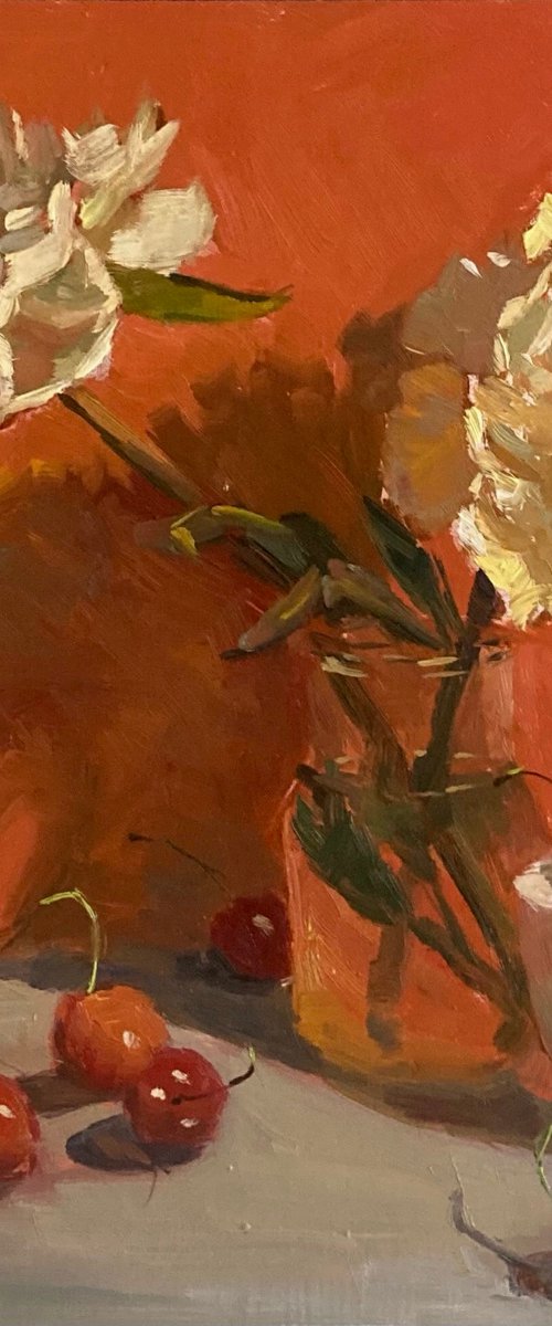 Peonies on Red - Original Floral Oil Painting Home Decor by Nithya Swaminathan