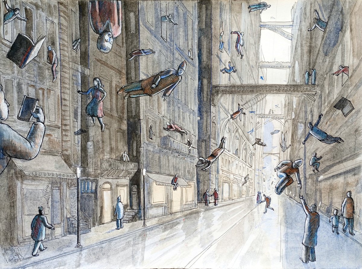Illustrative Cityscapes Drawing By Paolo Beneforti, 19 X 14", Zero Gravity, Original Artwork