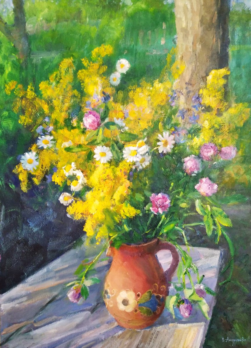 Impressionistic Botanical Oil Painting By Valentina Andrukhova, 20 X 28", Summer Bouquet On The Bench, Original Artwork