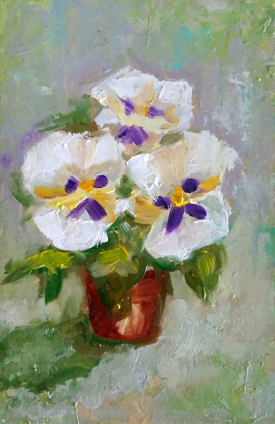 The pansies, Bouquet of Violets Painting Original Art Small Flower Artwork Floral Wall Art