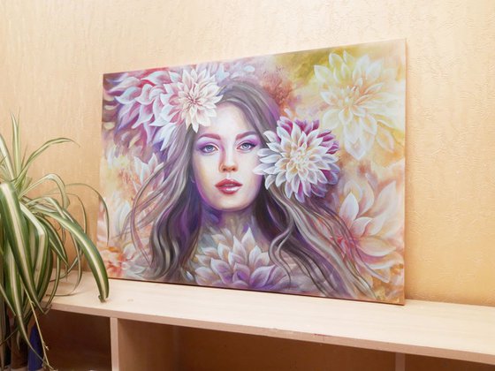 "Floral Queen", woman flowers painting, woman portrait