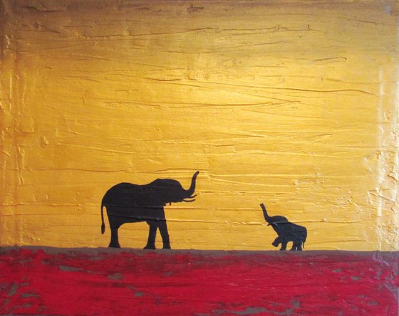 original abstract landscape "elephants, at sunset" africa animal painting art canvas -16 x 20" 3 other sizes available