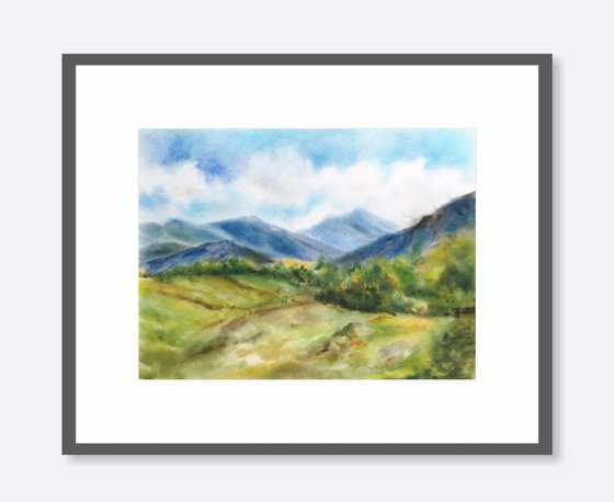 Mountain landscape. Summer landscape scenery. Watercolor landscape