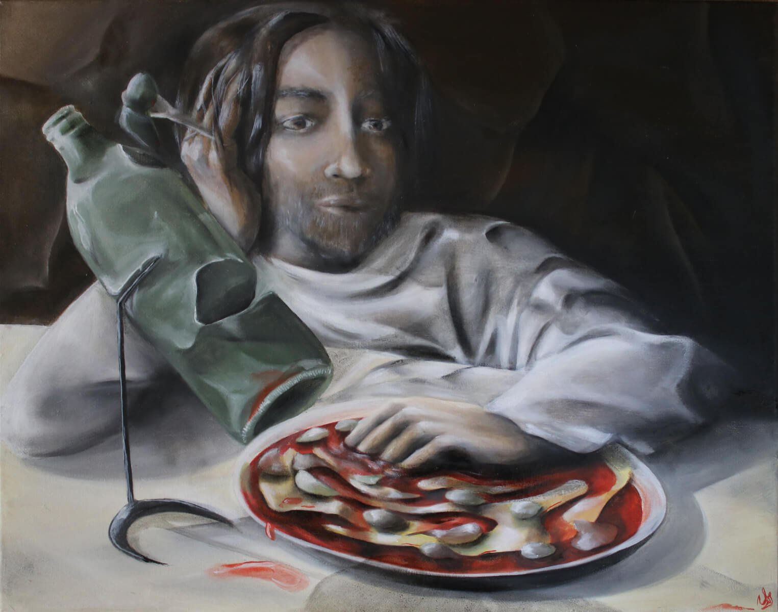Surrealistic Portrait Oil Painting By Vanessa T Stefanova, 18 X 14", Food On My Mind, Original Artwork