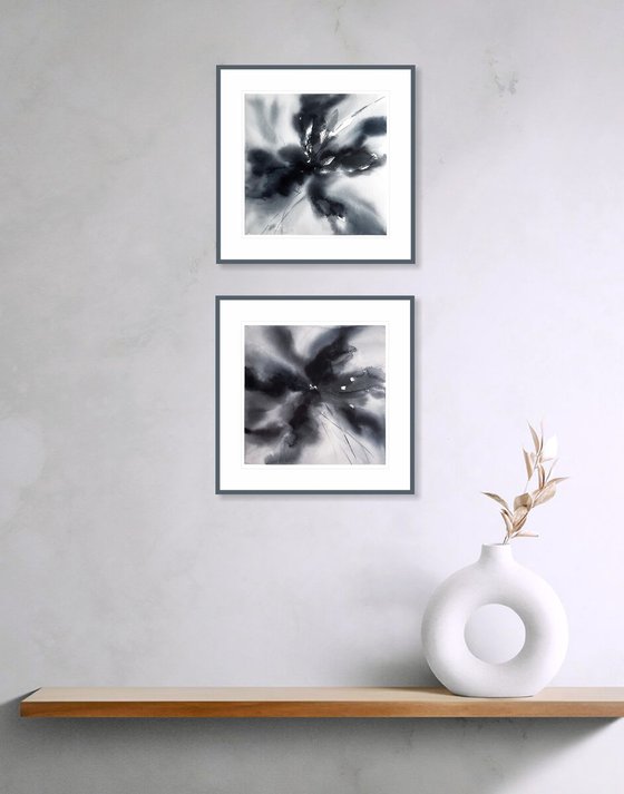 Black abstract flowers diptych