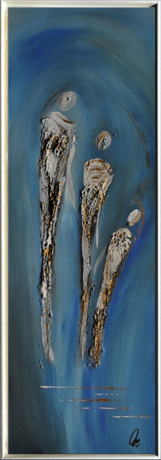 Family - abstract acrylic painting, canvas wall art, blue, black, white gold, framed modern art