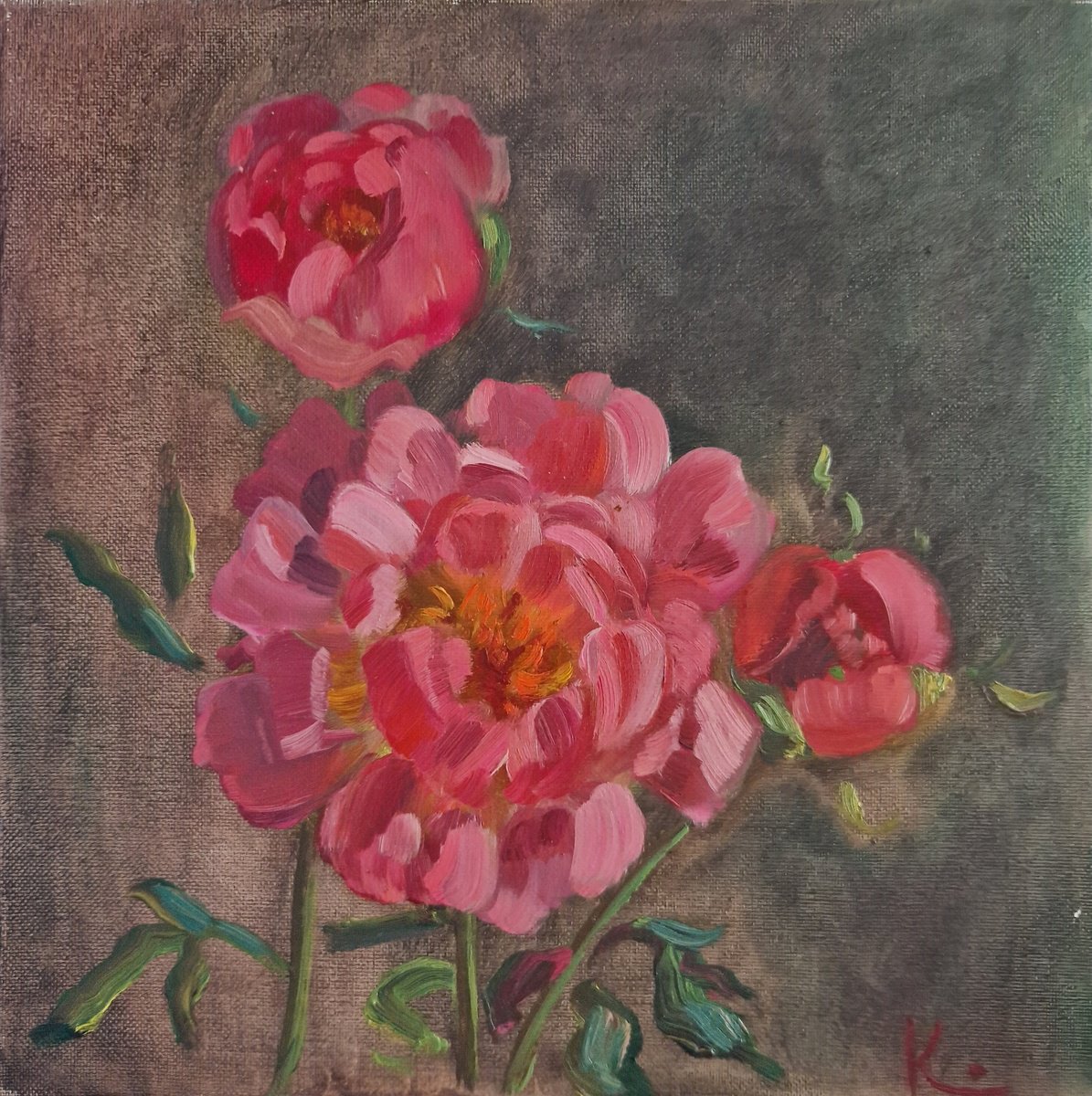 Impressionistic Botanical Oil Painting By Olena Kolotova, 12 X 12", Peonies "Harmony Of Pink", Original Artwork