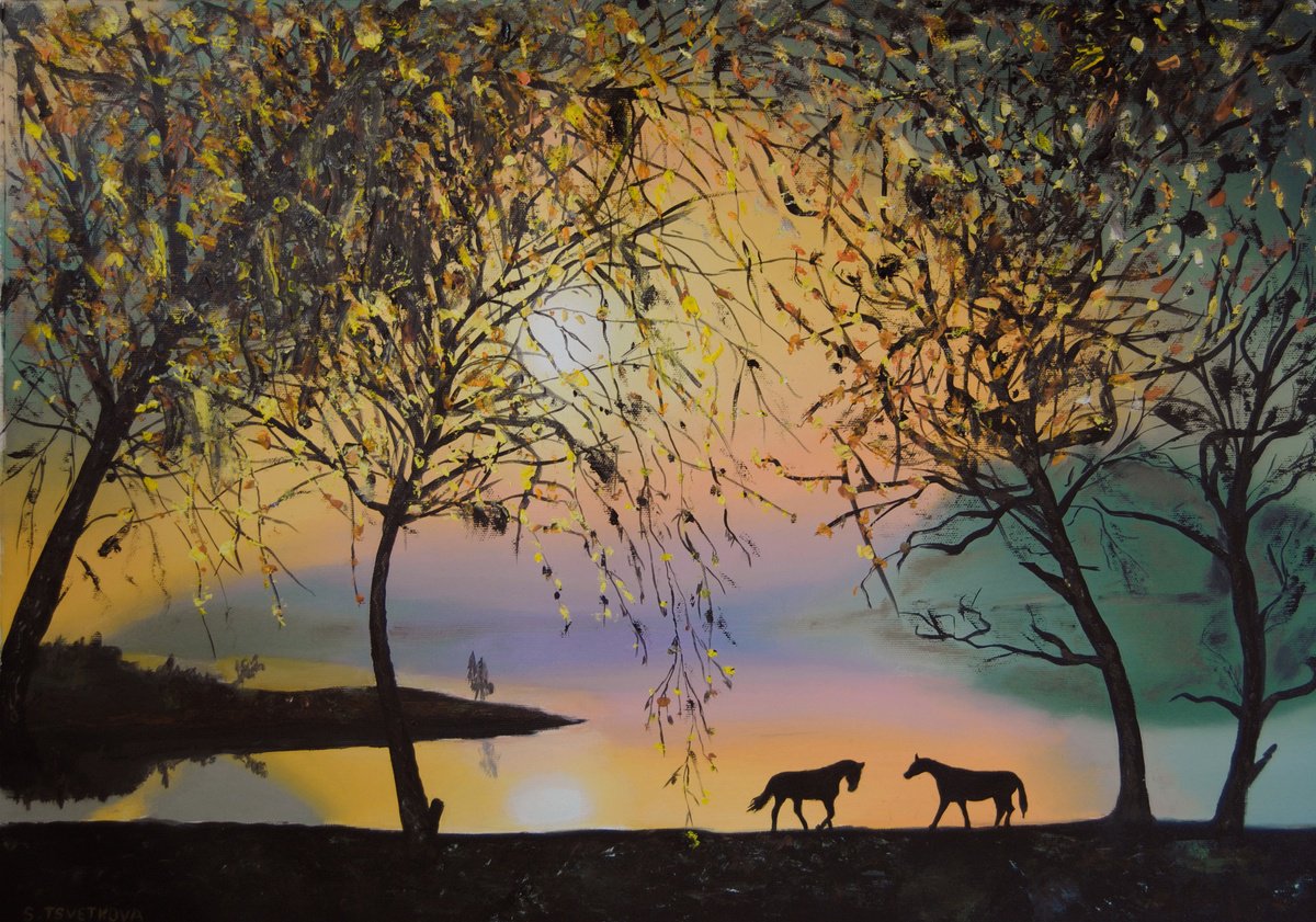 Photorealistic Landscape Oil Painting By Simona Tsvetkova, 28 X 20", Landscape With Horses, Original Artwork