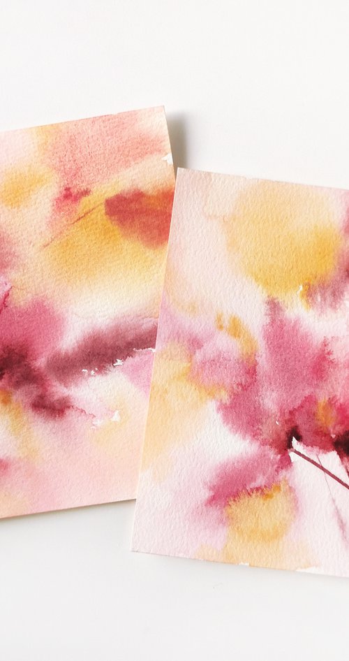 Pink flowers. Small watercolor floral painting set of 2 by Olga Grigo
