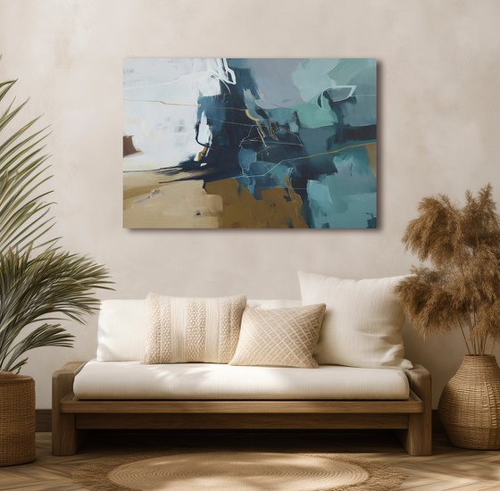 "Bosco" Abstract dark teal beige acrylic art
