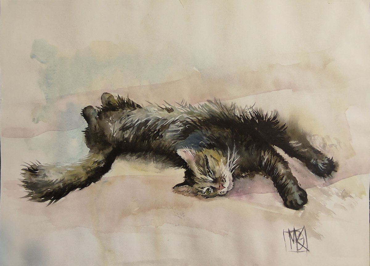Illustrative Animal Watercolour By Maria Kireev, 16 X 12", My Lovely Watercolor Cat, Original Artwork