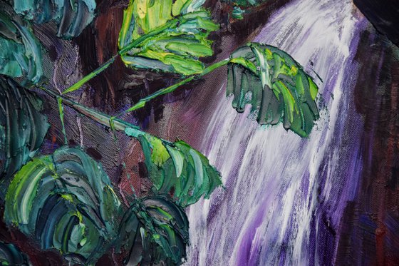 Tropical Round Oil Painting, Waterfall Large Original Canvas Art, Monstera Wall Art