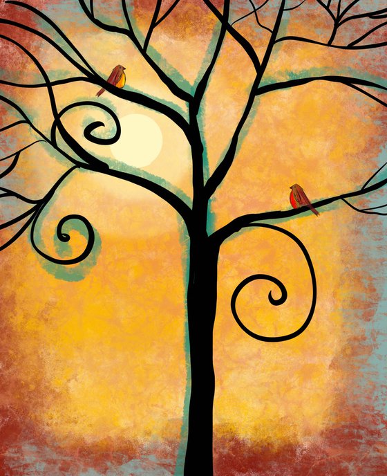 Birds of a Feather , cute lovebird tree artwork