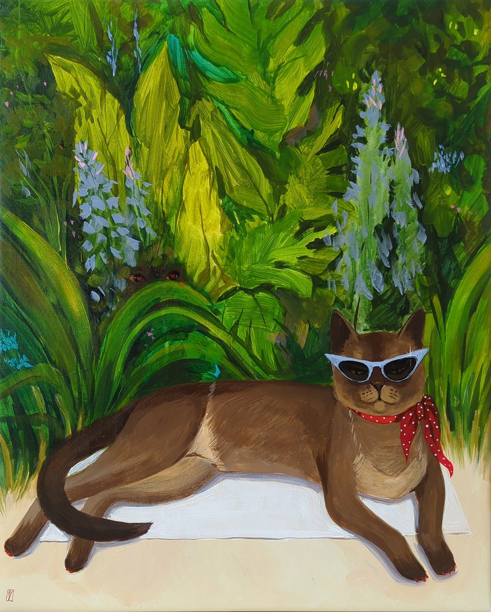 Illustrative Animal Acrylic Painting By Olha Vlasova, 20 X 24", Bitch At The Beach, Original Artwork