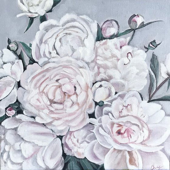 White Peonies oil painting 12x12 inch