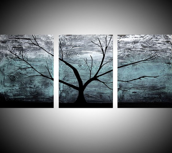 triptych multi color 3 panel wall art color turquoise black white impasto tree in wood "The Tree of life" turquoise edition 3 panel wall abstract canvas abstraction 48 x 20 " other sizes available