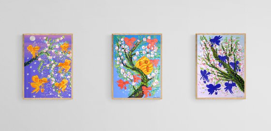 Triptych. Spring sakura and honey bees - elephants