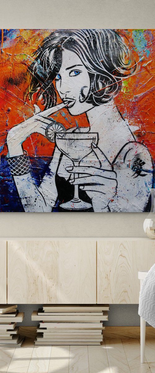 Blue Cocktails 160cm x 100cm Cocktail Girl Textured Urban Pop Art by Franko