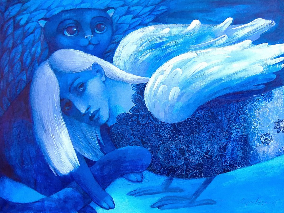 Portrait Acrylic Painting By Margot Raven, 31 X 24", Together Against The Night, Original Artwork