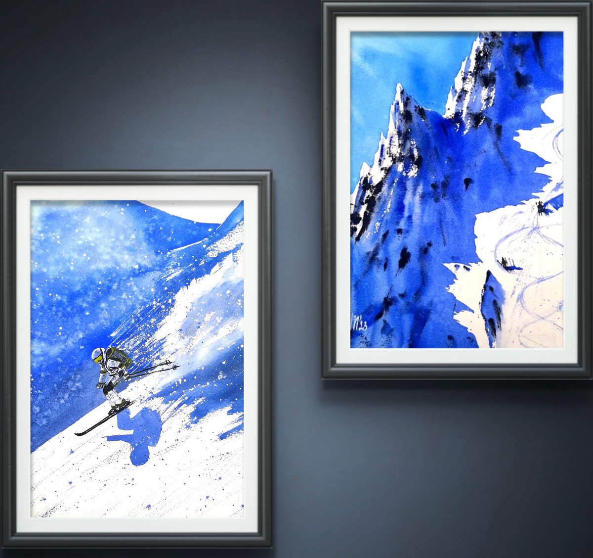 Expressive Landscape Watercolour By Yuliia Sharapova, 28 X 24", Skiers In The Alps Mountians, Original Artwork