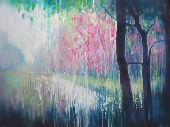 Song of April - a large abstract landscape painting of a Sussex river valley