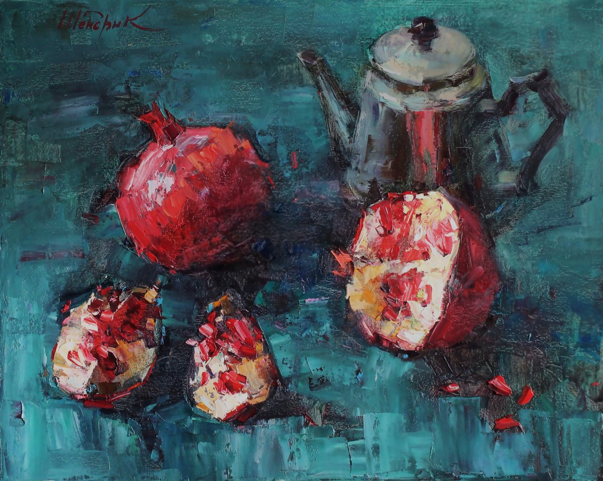 Impressionistic Still Life Oil Painting By Tetiana Shendryk, 19 X 15", Pomegranates, Original Artwork