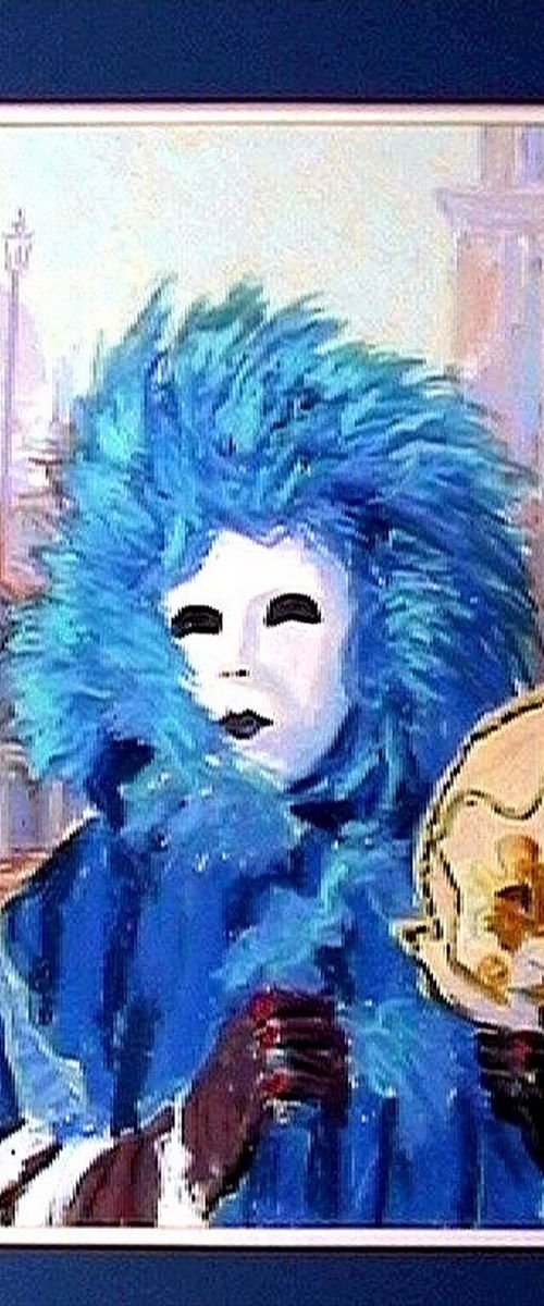 venice carnival figure with blue feathers by Colin Ross Jack