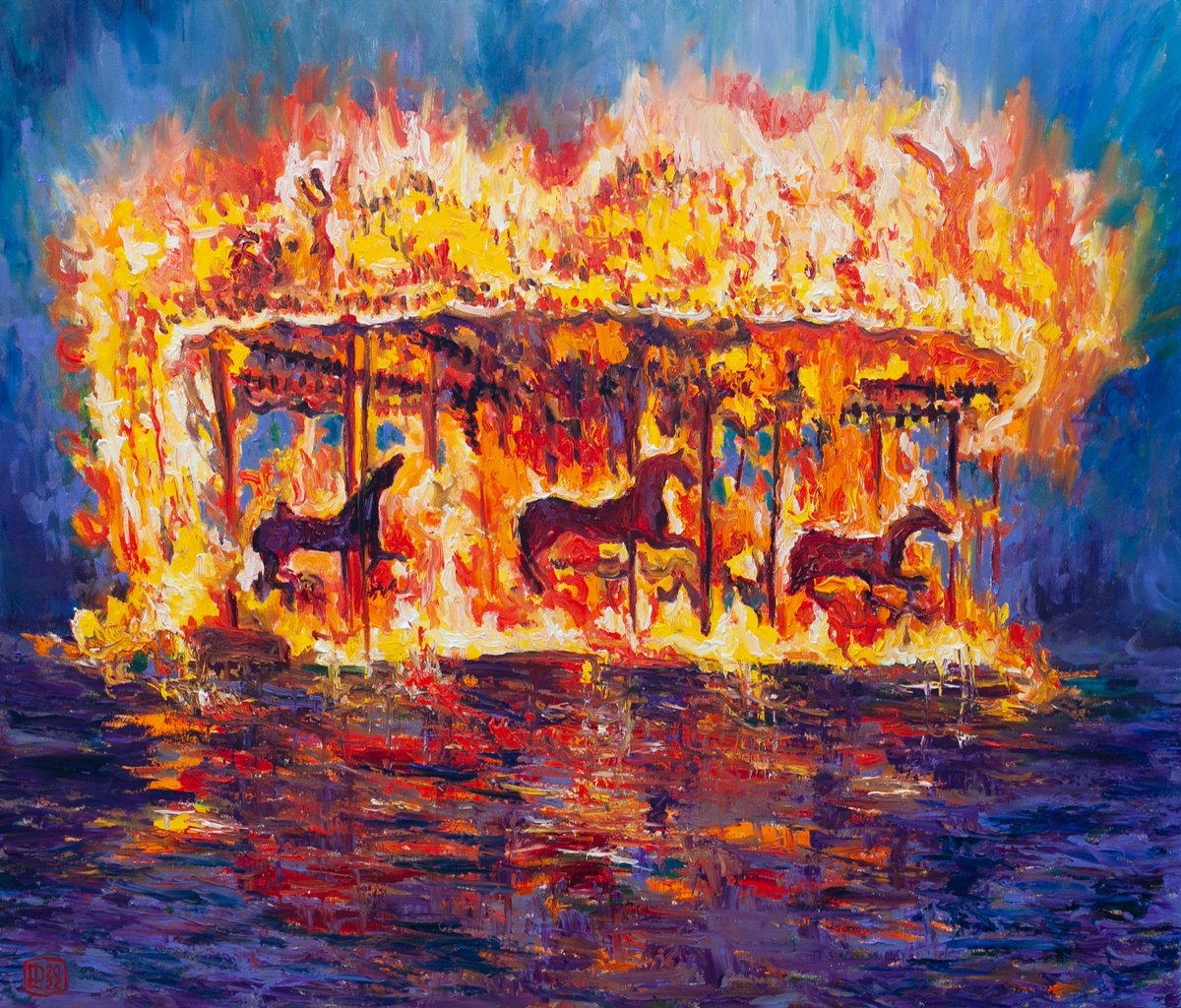 Expressive Animal Oil Painting By Liudmila Pisliakova, 28 X 24", Merry-Go-Round, Original Artwork