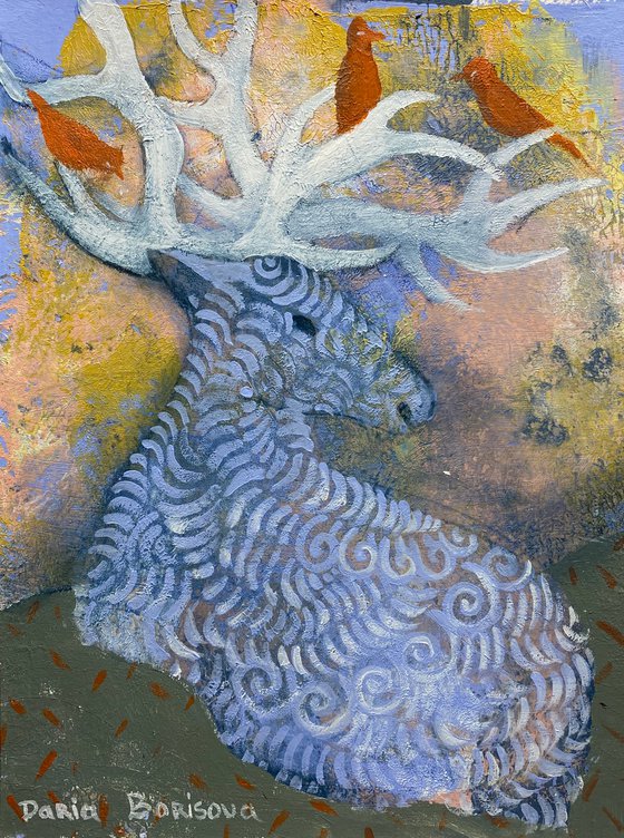 Blue Deer. Acrylic painting on paper, 8 x 10 in