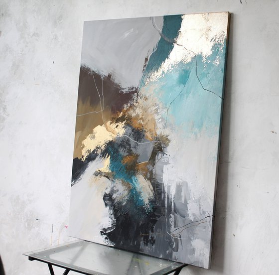 "Blue Rime 2" Teal gray gold abstract acrylic