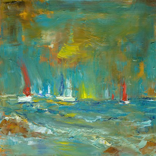 Yacht racing | Windy sailing day at sea artwork in green and ocher by Anna Miklashevich