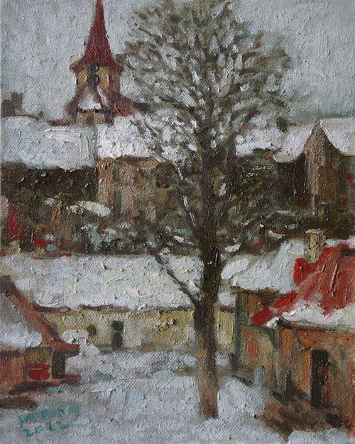 Original Oil Painting Wall Art Signed unframed Hand Made Jixiang Dong Canvas 25cm × 20cm Landscape Snowy Farm near Prague Small Impressionism Impasto by Jixiang Dong
