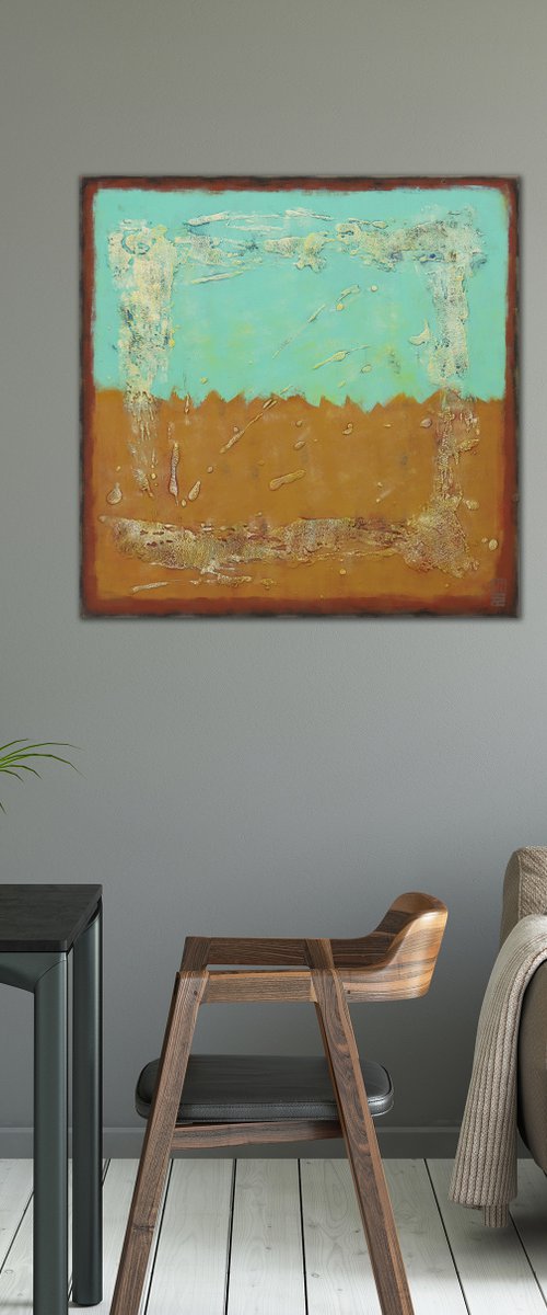 Sand & Turquoise Square Painting - Abstract Art - Ronald Hunter - 17J by Ronald Hunter