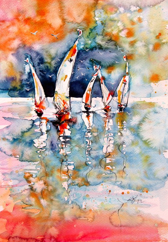 Sailboats with birds