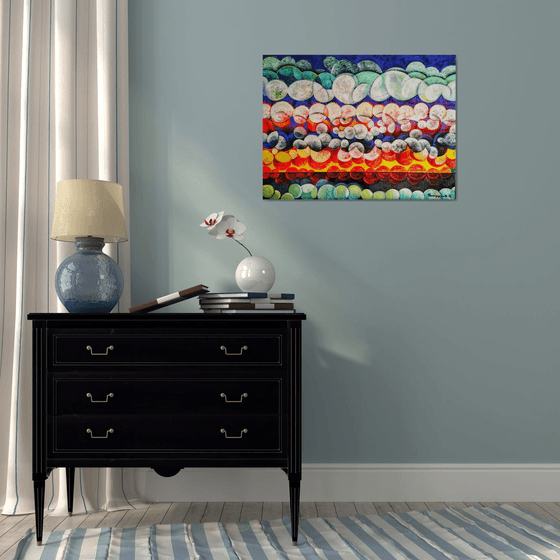 Unique sunset (60x80cm, cubism, oil painting, ready to hang)