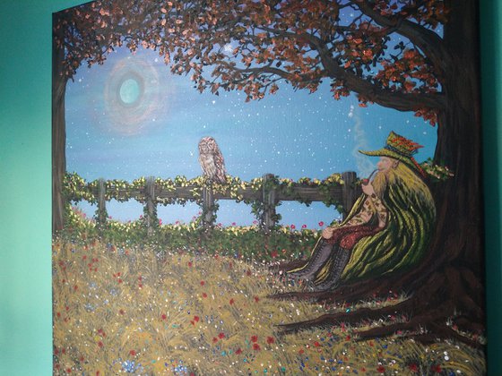 Green Man and the Owl. Original acrylic painting by Zoe Adams.