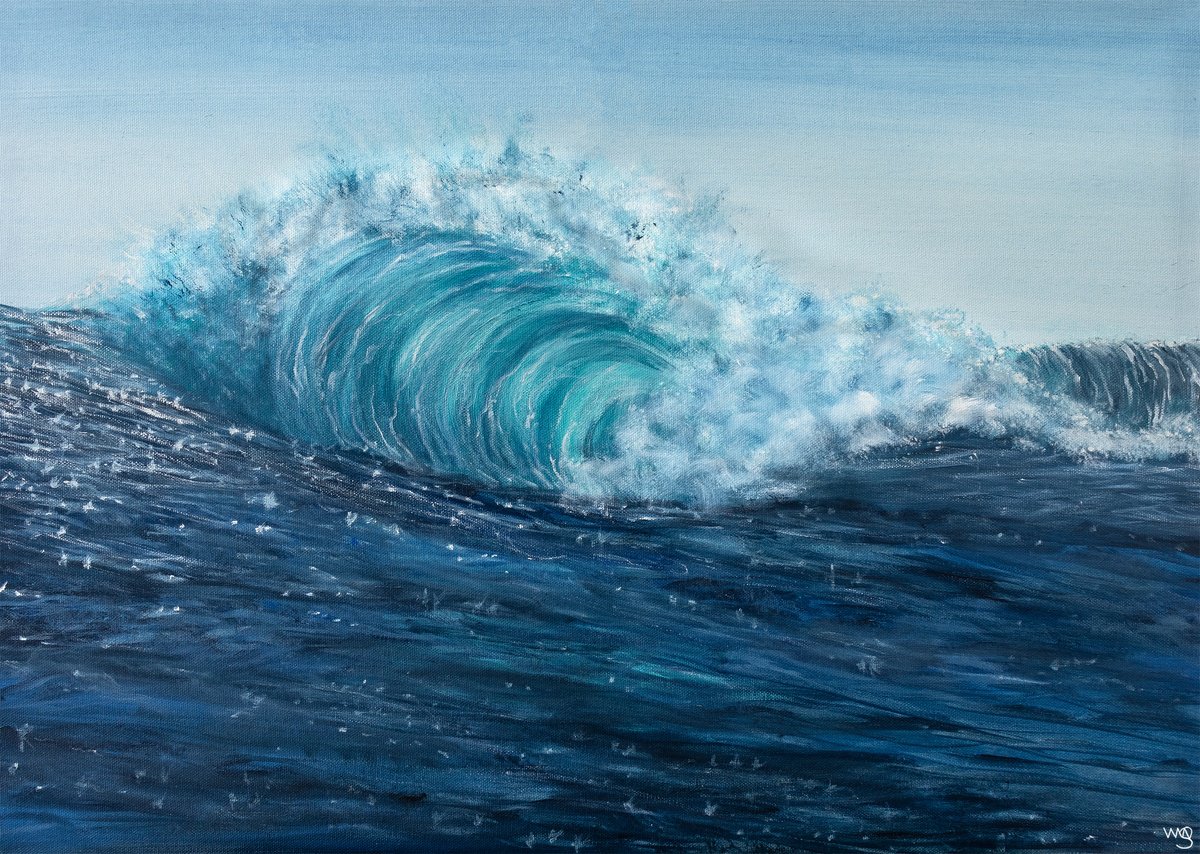 Photorealistic Landscape Oil Painting By Sarah Vms Art, 28 X 20", Sparkly Ocean Wave, Original Artwork