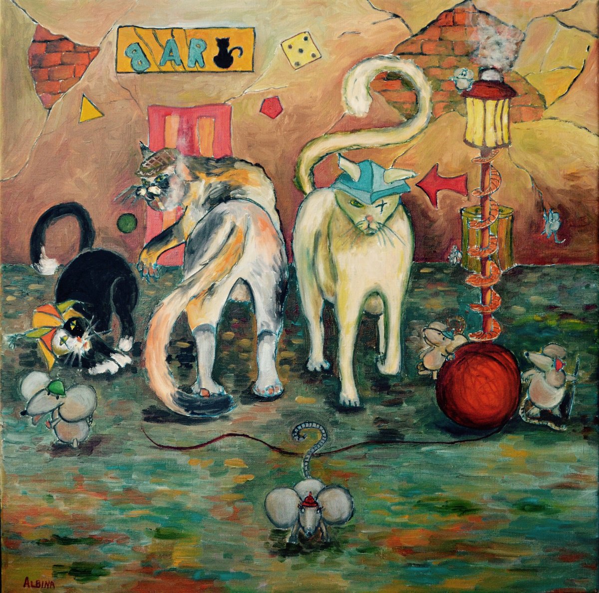 Surrealistic Animal Oil Painting By Albina Urbanek, 24 X 24, Cats