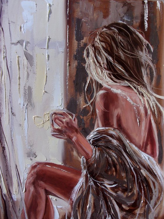 " MISSING YOU ... "-   liGHt  ORIGINAL OIL PAINTING, GIFT, PALETTE KNIFE nude WINDOW