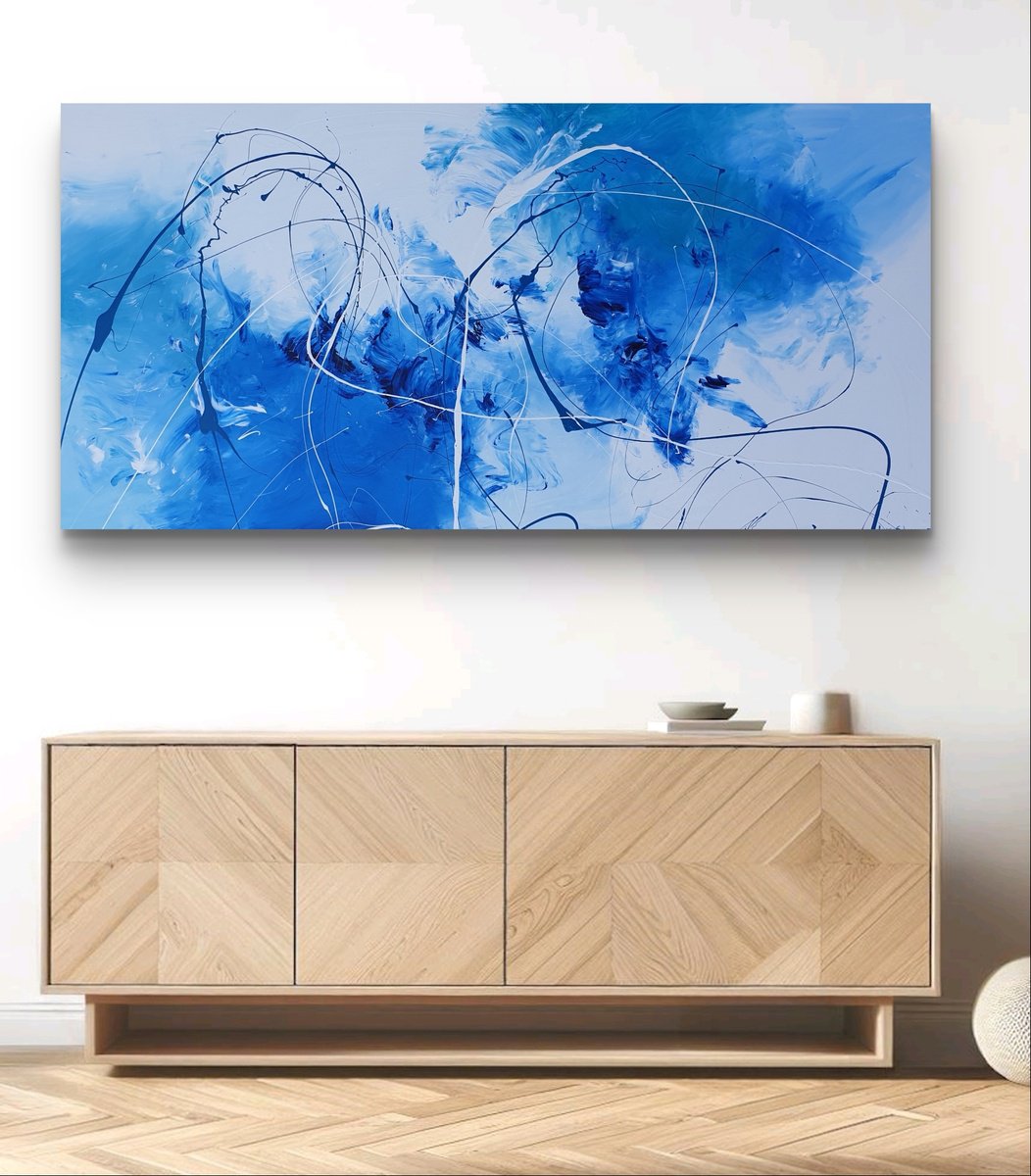 Abstract Acrylic Painting By Gabriela Azar Schreiner, 74 X 39, Blue Lagoon, Original Artwork