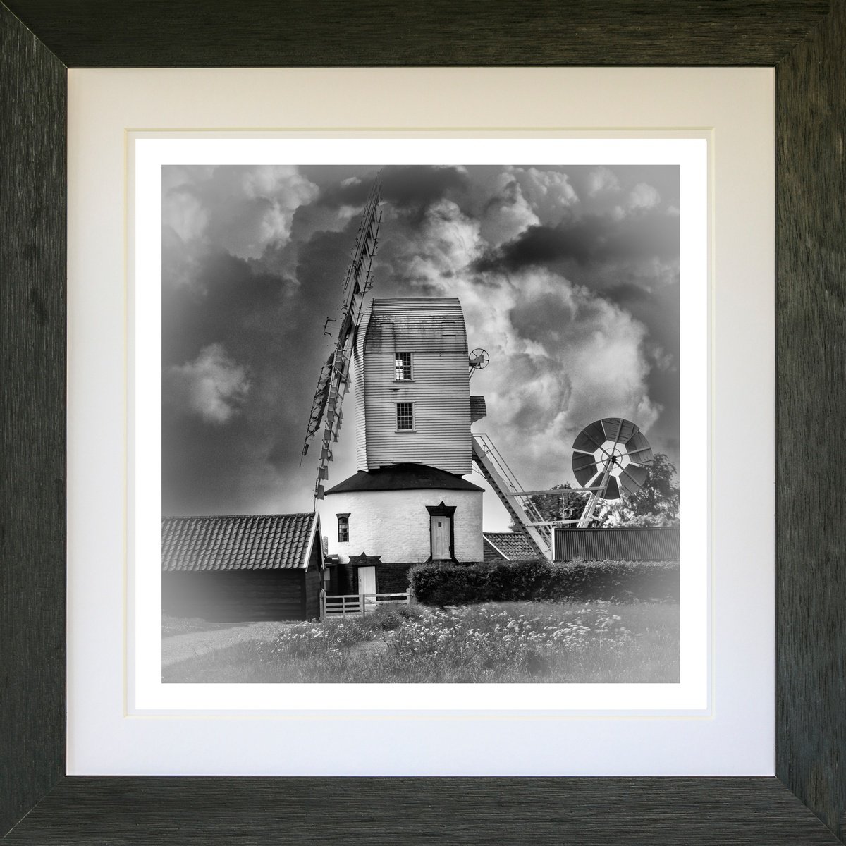 Photorealistic Landscape Photograph By Michael Mchugh, 19 X 19", Saxtead Windmill B&W Framed, Original Artwork
