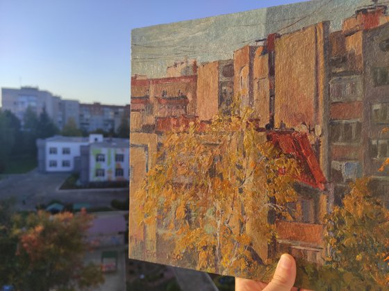 Golden autumn - bright colours, urban landscape,oil painting