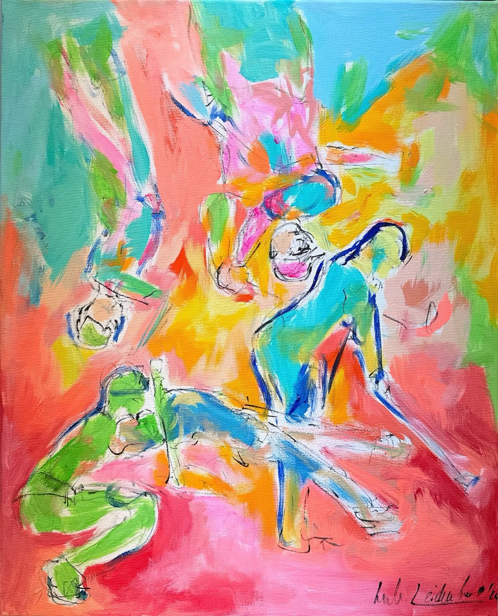 Urban And Pop Portrait Acrylic Painting By Nicole Leidenfrost, 16 X 20", Colorful Golf Players, Original Artwork