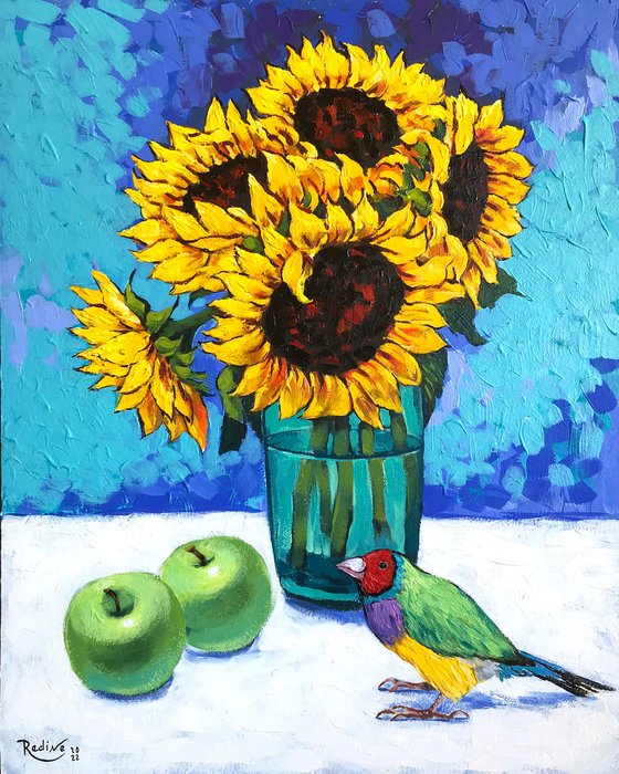 Sunflowers and gouldian finch