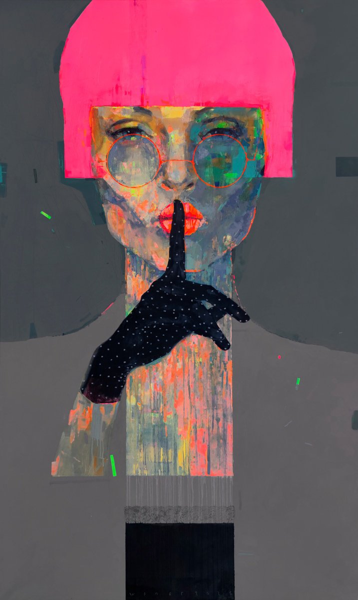 Urban And Pop Portrait Oil Painting By Victor Sheleg, 47 X 79", "Secret", Original Artwork