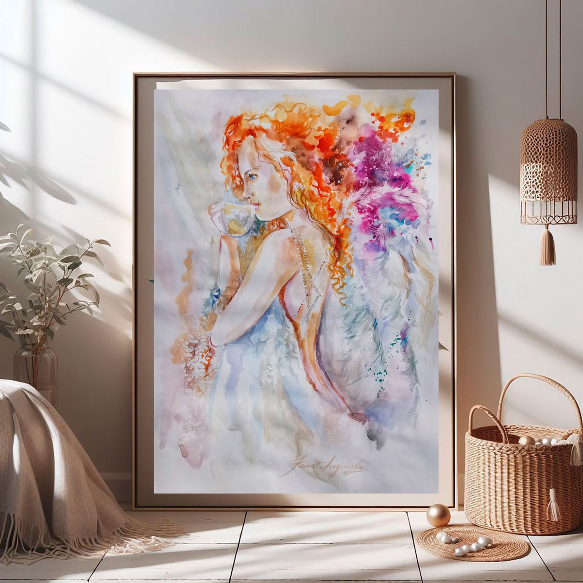 Impressionistic Portrait Oil Painting By Annet Loginova, 26 X 30, Red-Haired Woman Watercolor On Paper, Original Artwork