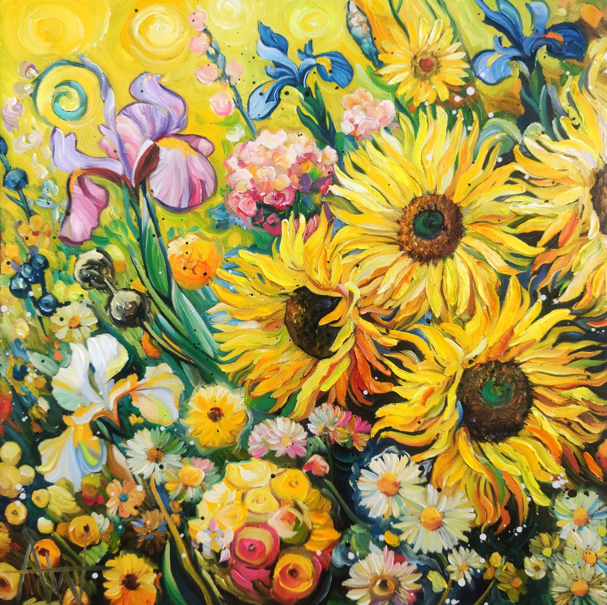 Impressionistic Botanical Oil Painting By Angie Wright, 16 X 16, Sunflower Jamboree, Original Artwork