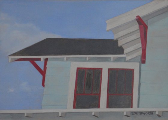 Small Painting of Vintage House and Sky - "Azure Avenue"