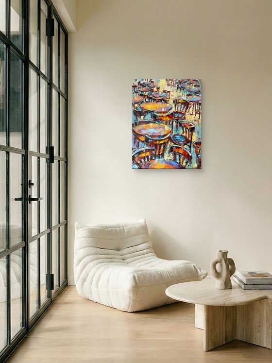 Outside cafe after rain. Pastel mood