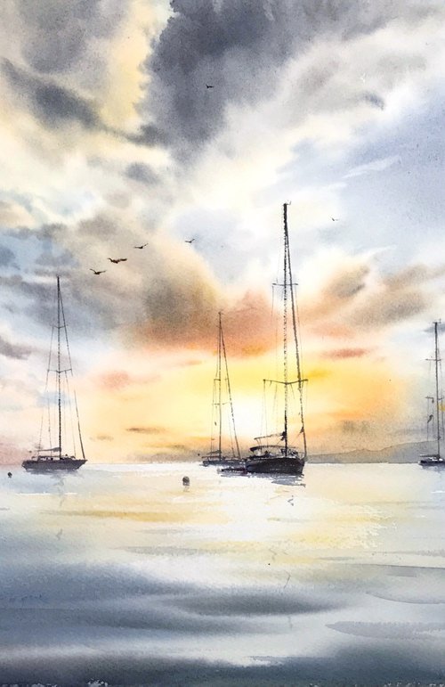 Yachts at sunset #5 by Eugenia Gorbacheva